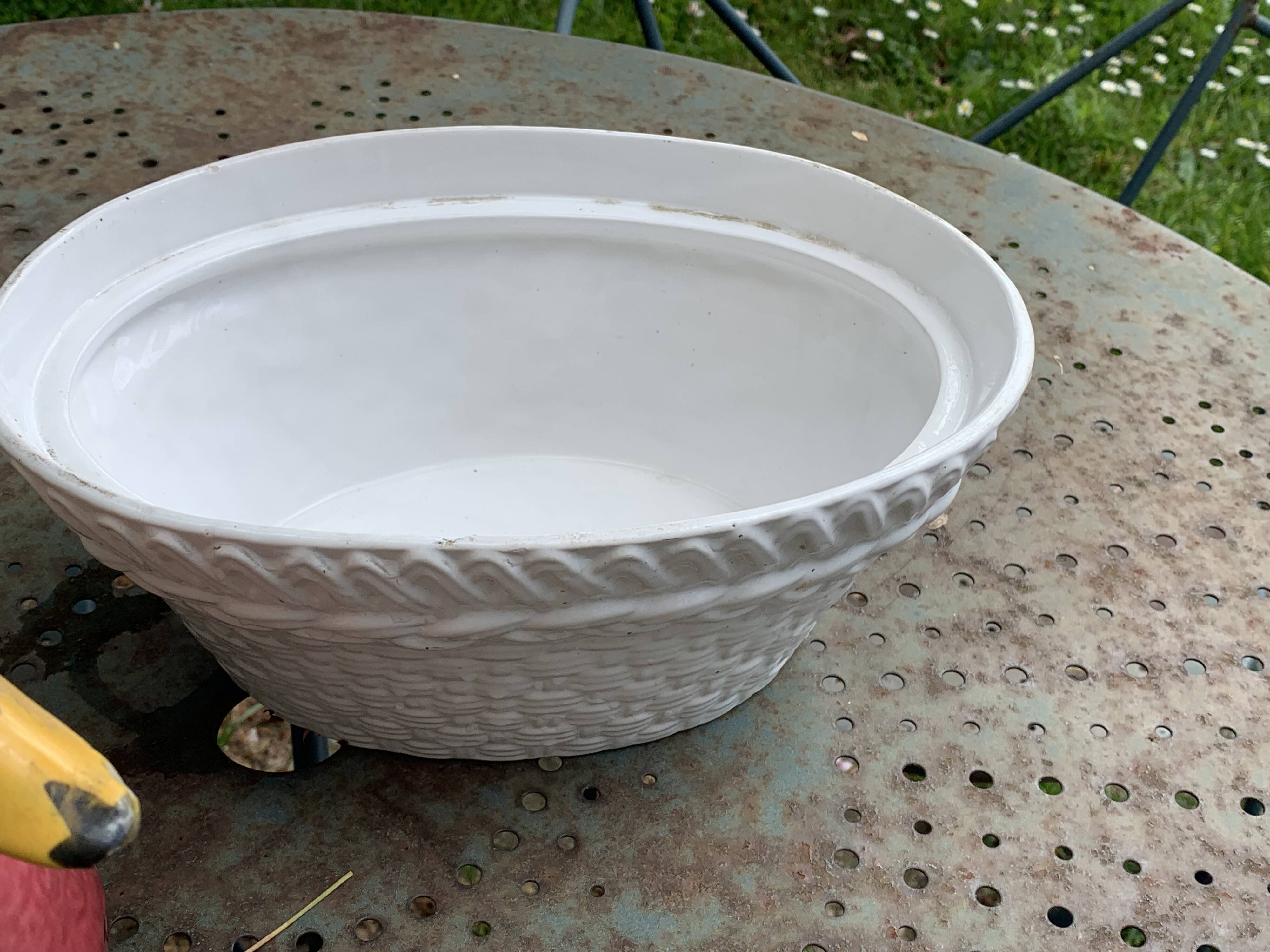 Charming Duck, slip, enameled ceramic terrine, white basket-shaped base and lid