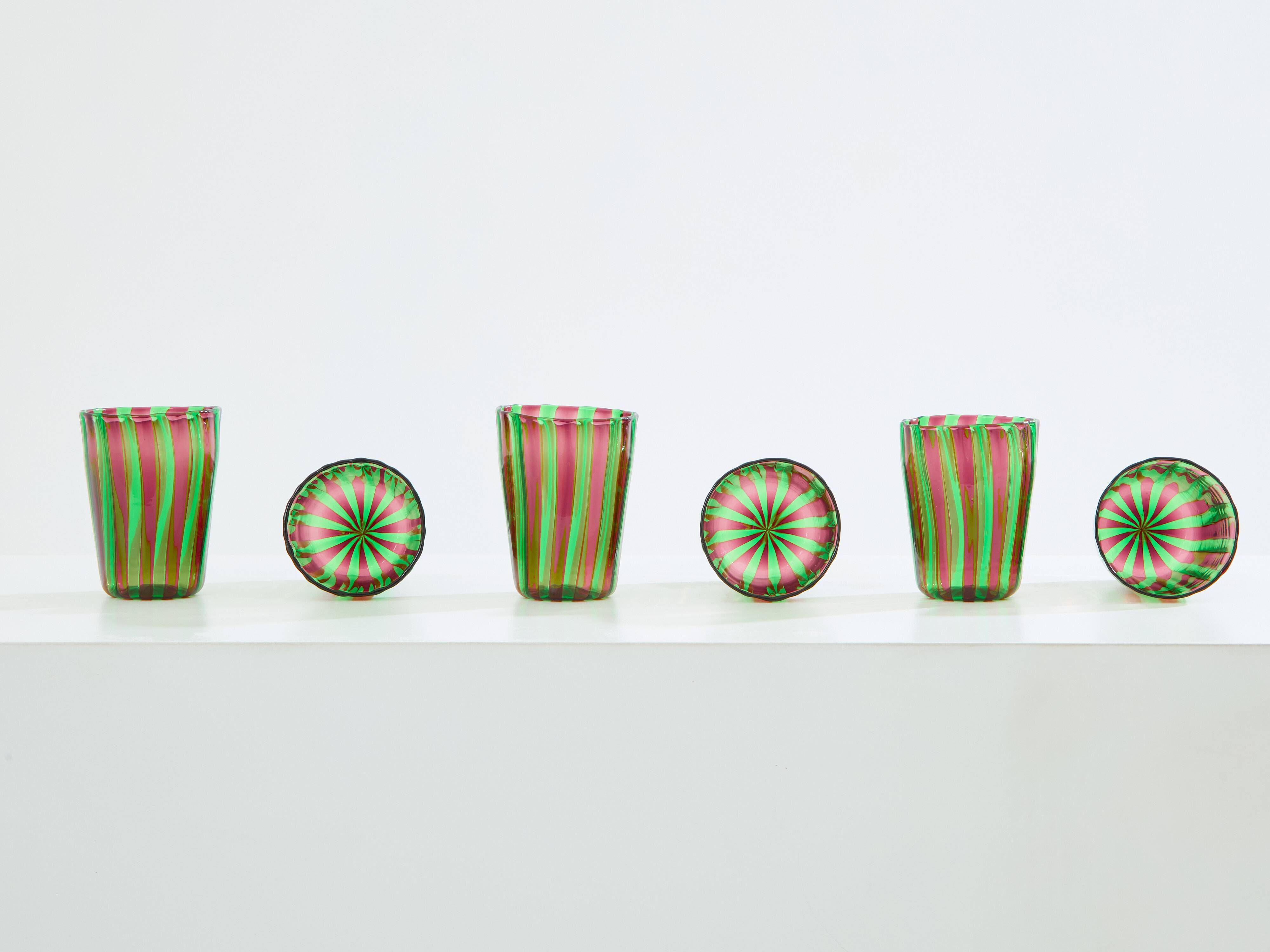 Set of 6 green and purple Murano tumbler glasses circa 1980