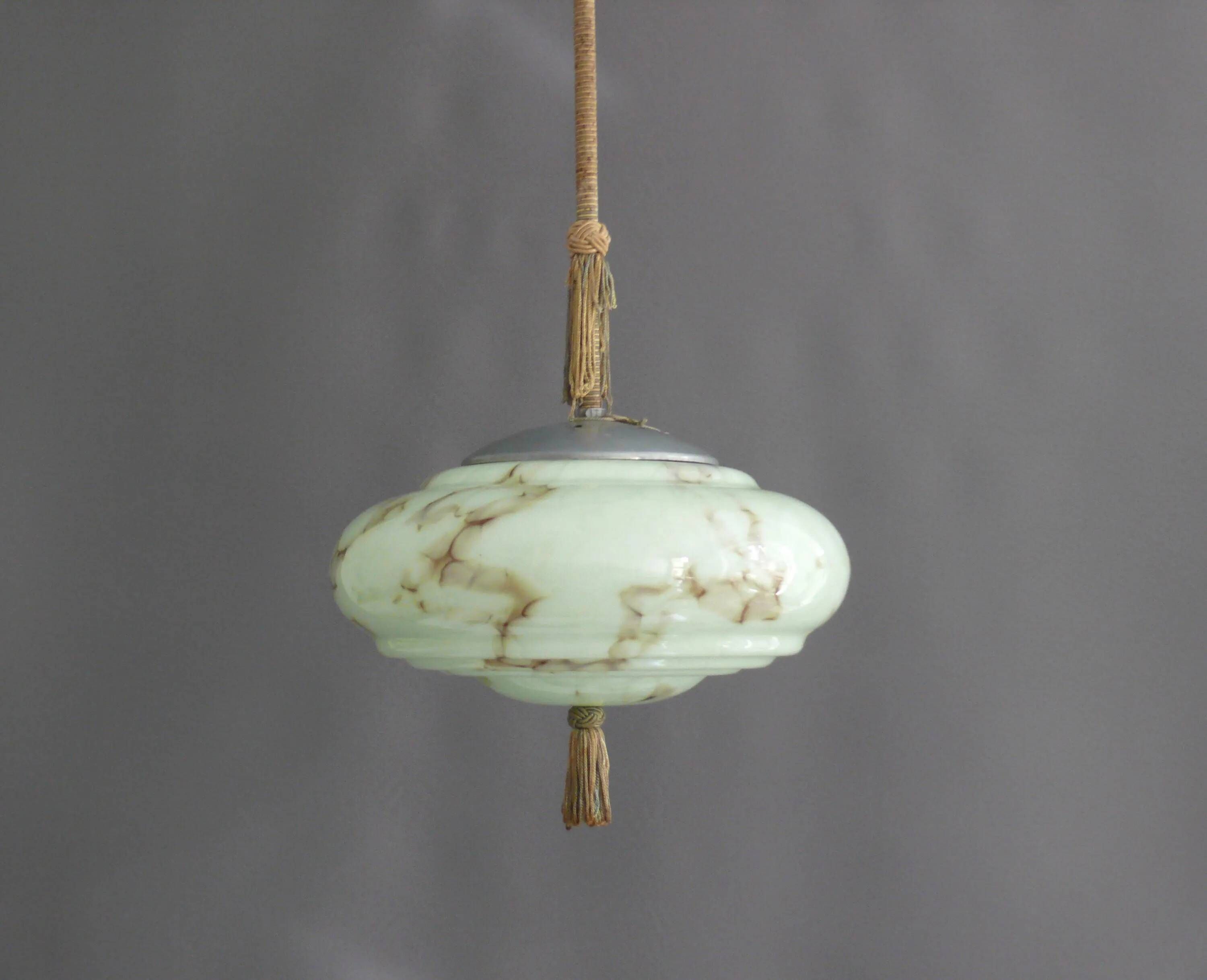 Art Deco Pendant Light with Twisted Stem, Marbled Effect, Metal and Brass - 1930s