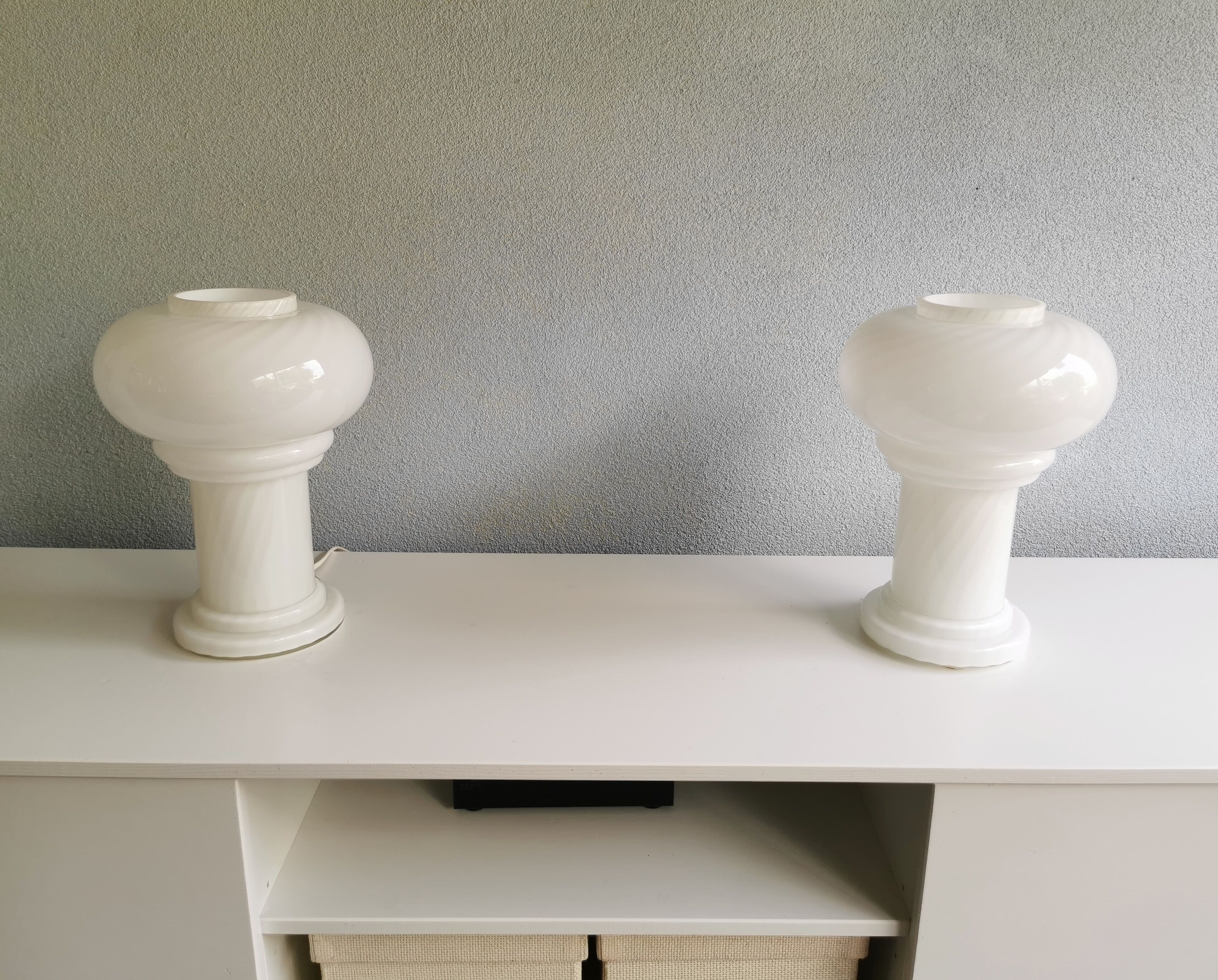 Set of 2 white glass mushroom table lamps, eighties