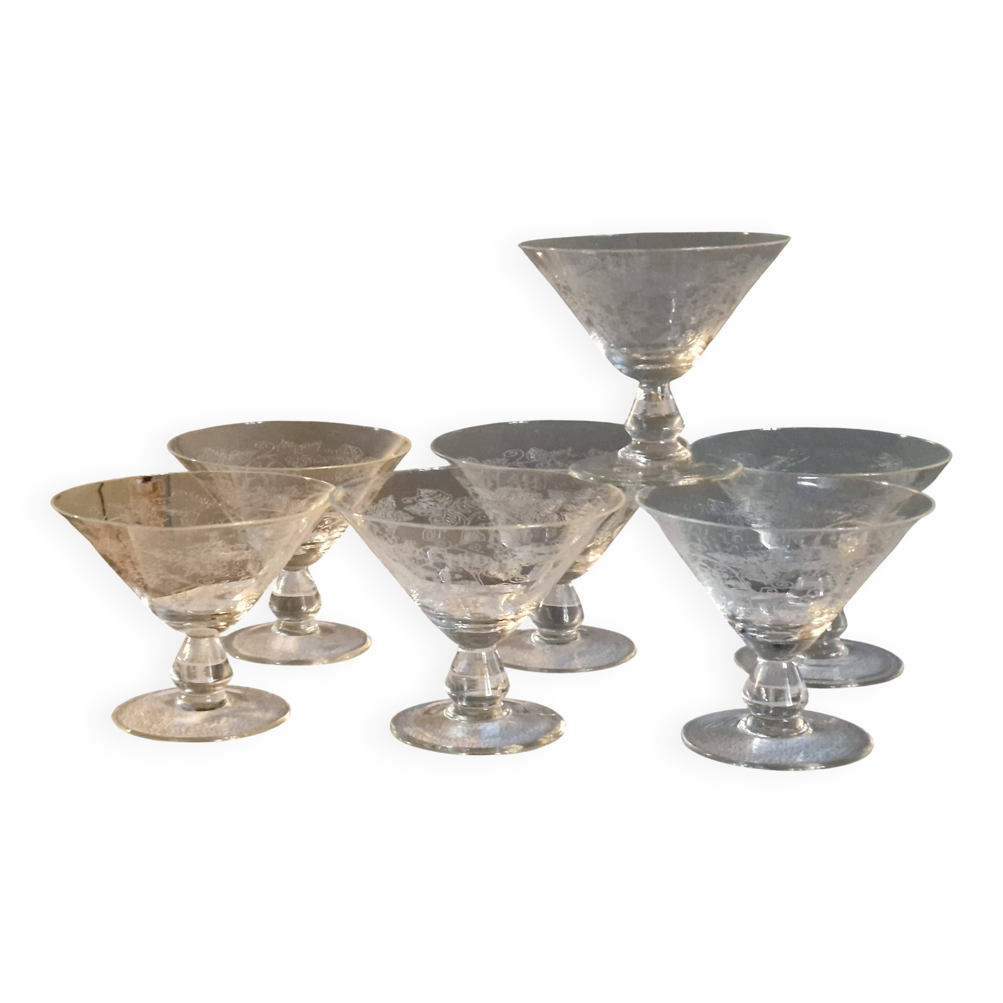 7 Art Deco crystal champagne coupes, grape clusters (+ 2 gifts)
