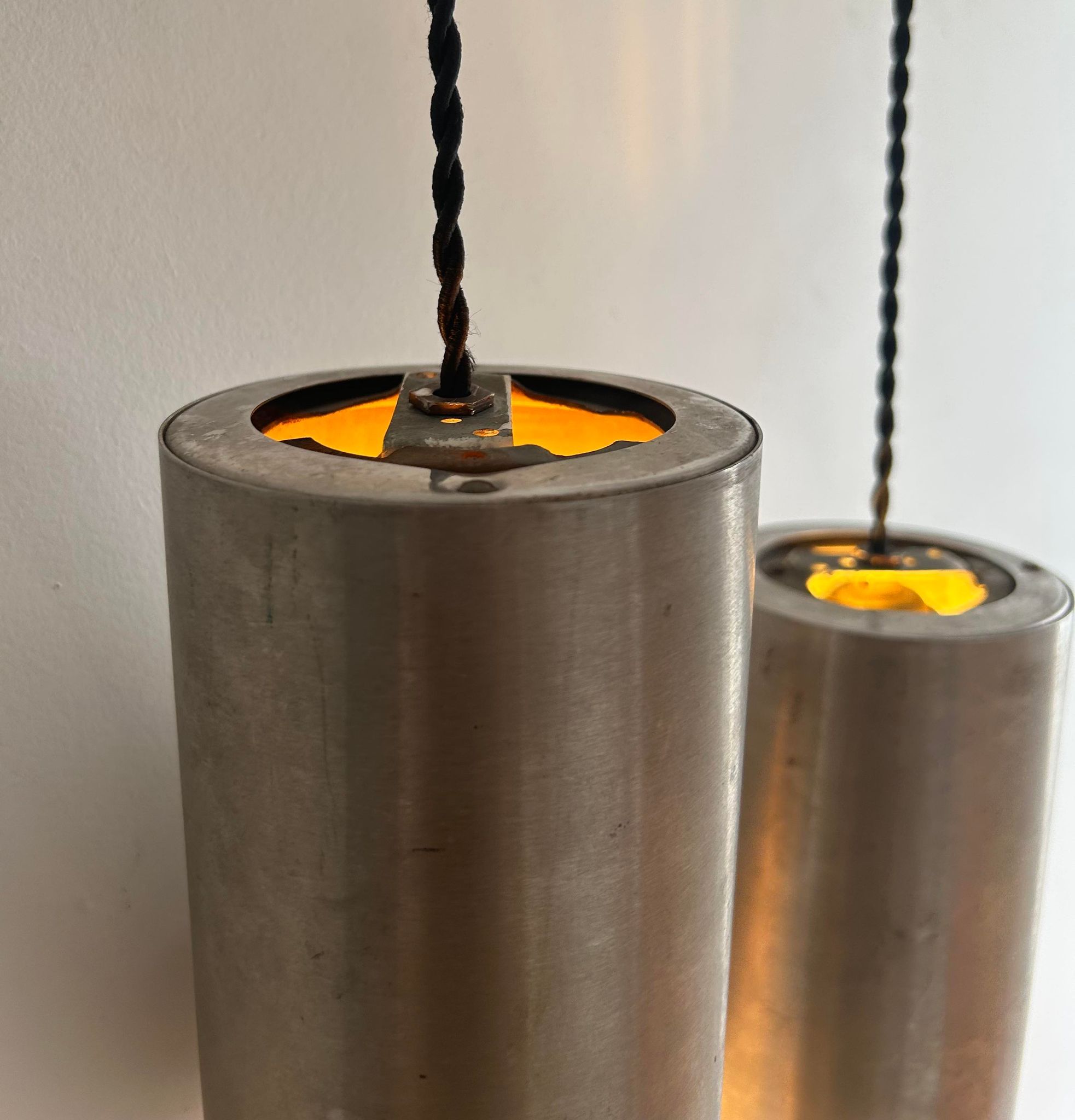 Pair of vintage brushed metal pendant lamps, France 1960
