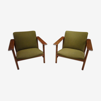 Paire de fauteuils scandinave en teck tissu vert