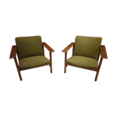 Pair of scandinavian armchairs in green fabric and teak