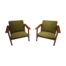 Pair of scandinavian armchairs in green fabric and teak
