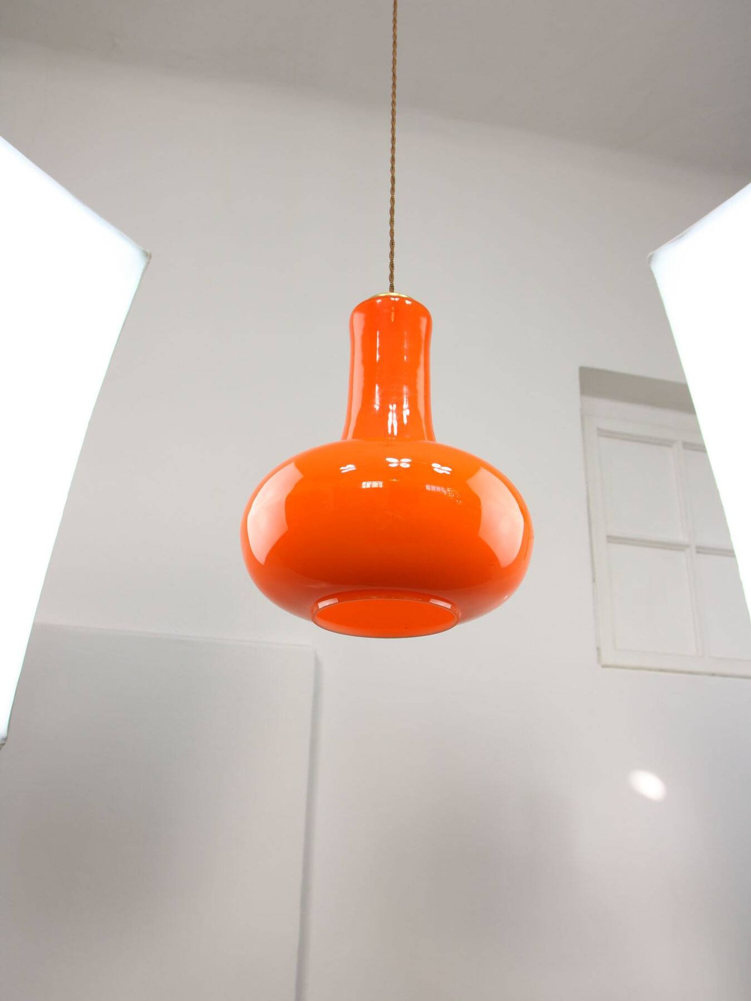 Mid-Century Italian Orange Glass and Brass Pendant Lamp