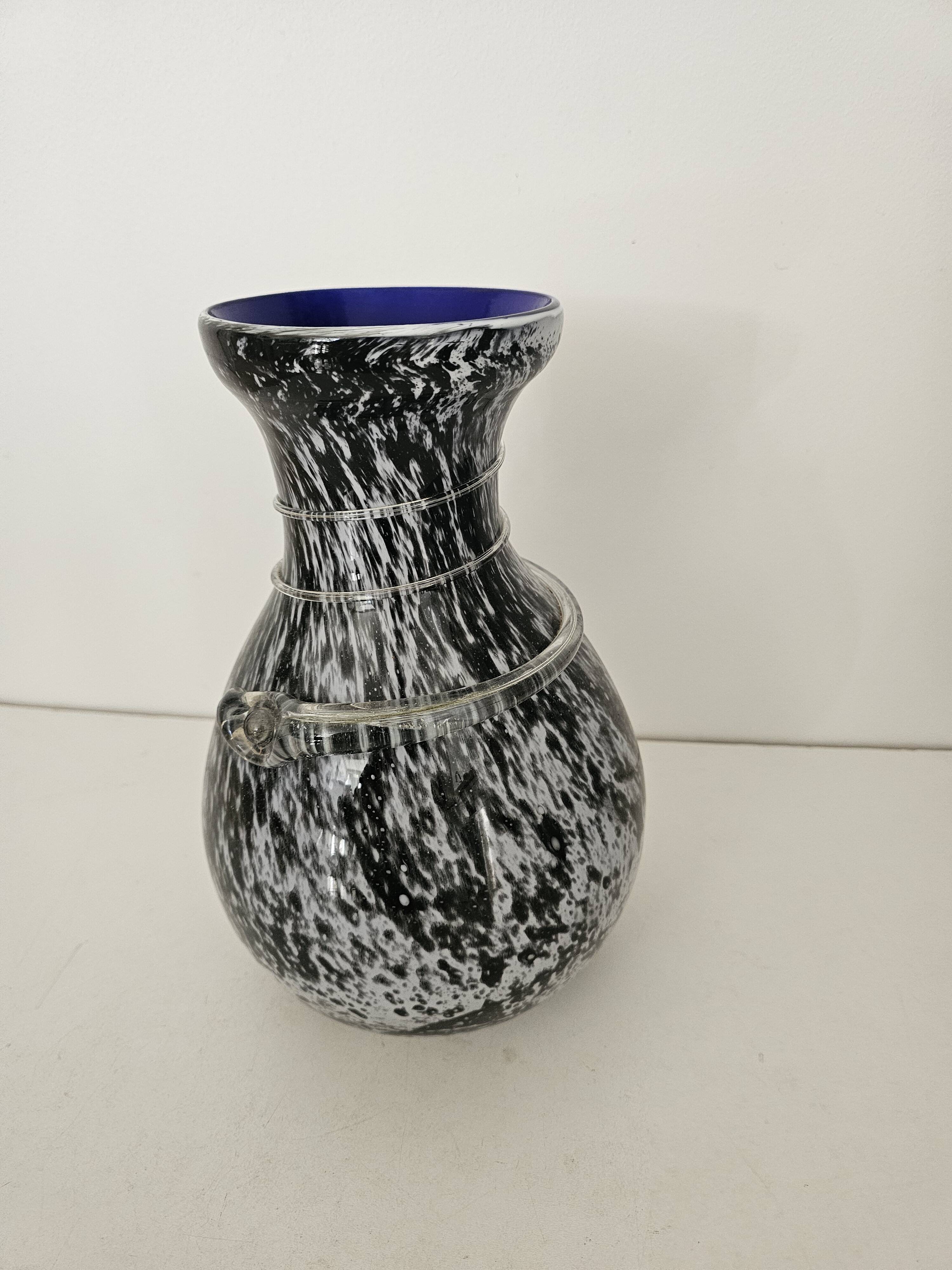 Blown glass vase with black snake decoration with white speckles