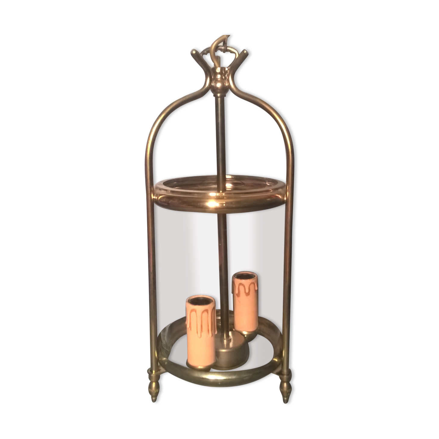 Lantern cage two lights translucent cylindrical glass and three-foot brass - classic style