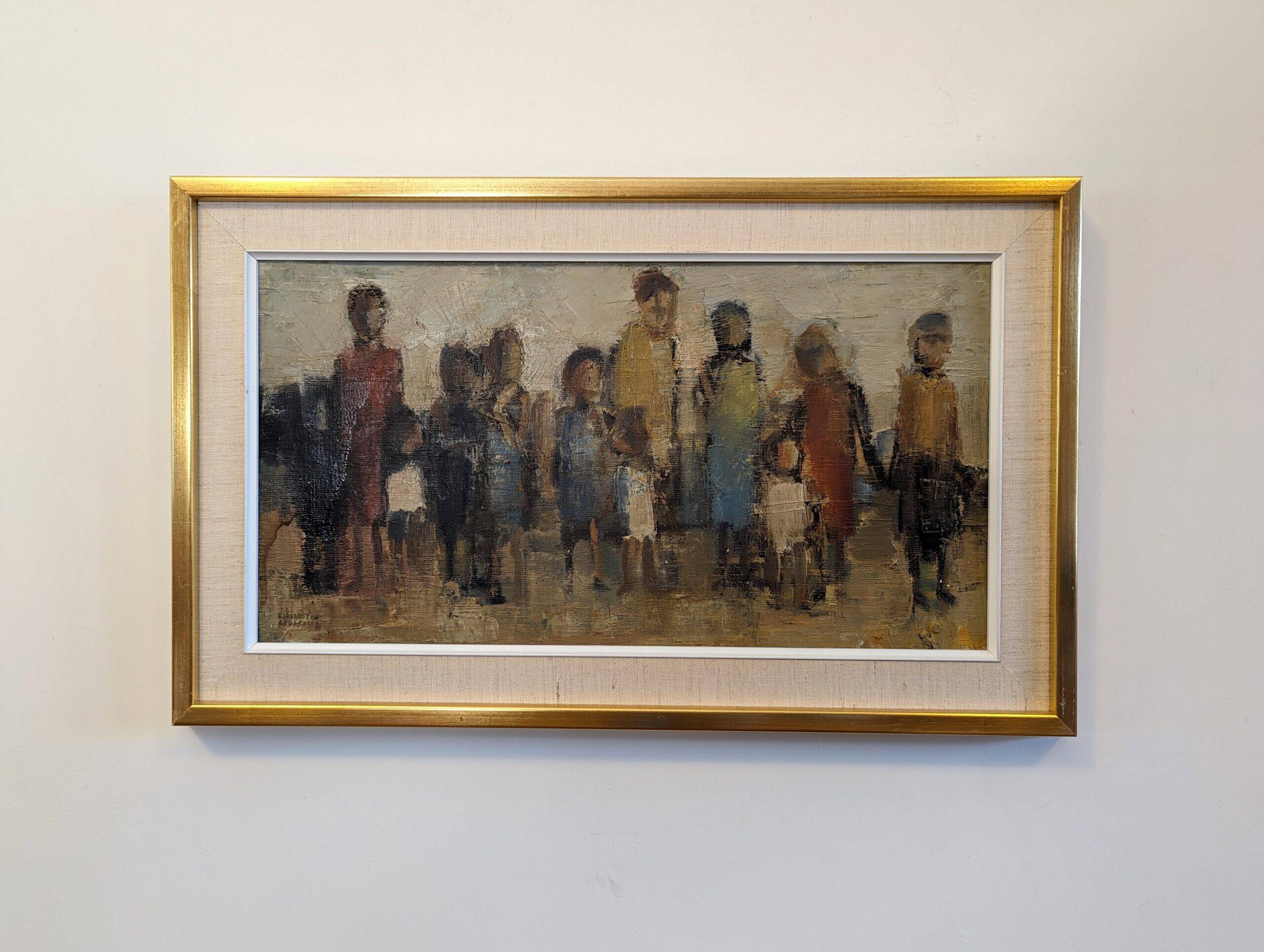 Mid-Century Modern Swedish "Assemble", Vintage Figurative Oil Painting, Framed