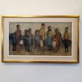 Mid-Century Modern Swedish "Assemble", Vintage Figurative Oil Painting, Framed