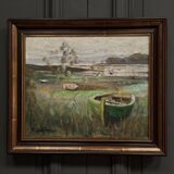 Oil on canvas by R. Queïnnec landscape with boats 20th century