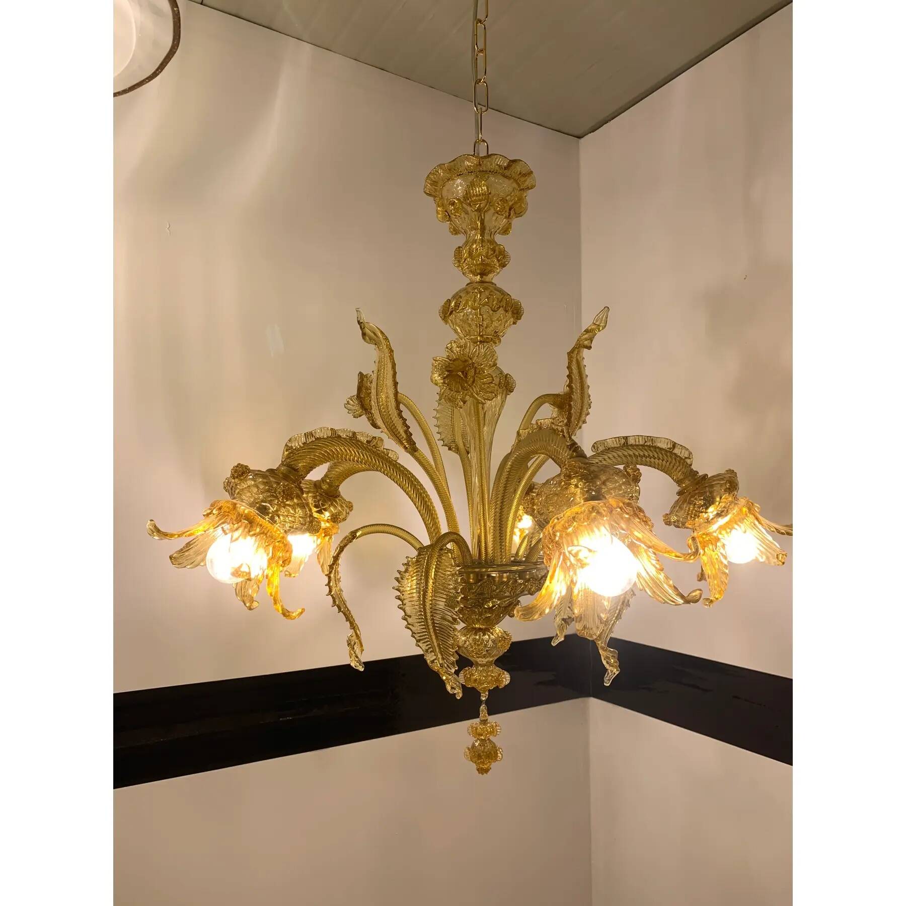 Murano Glass Chandelier, Amber, with Floral and Leaf Accents