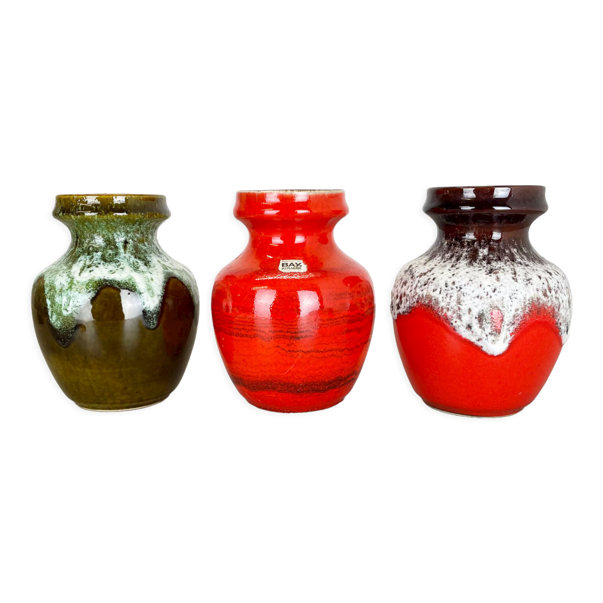 Set of 3 Multi-Color Fat Lava Op Art Pottery Vase Made Bay Ceramics, Germany
