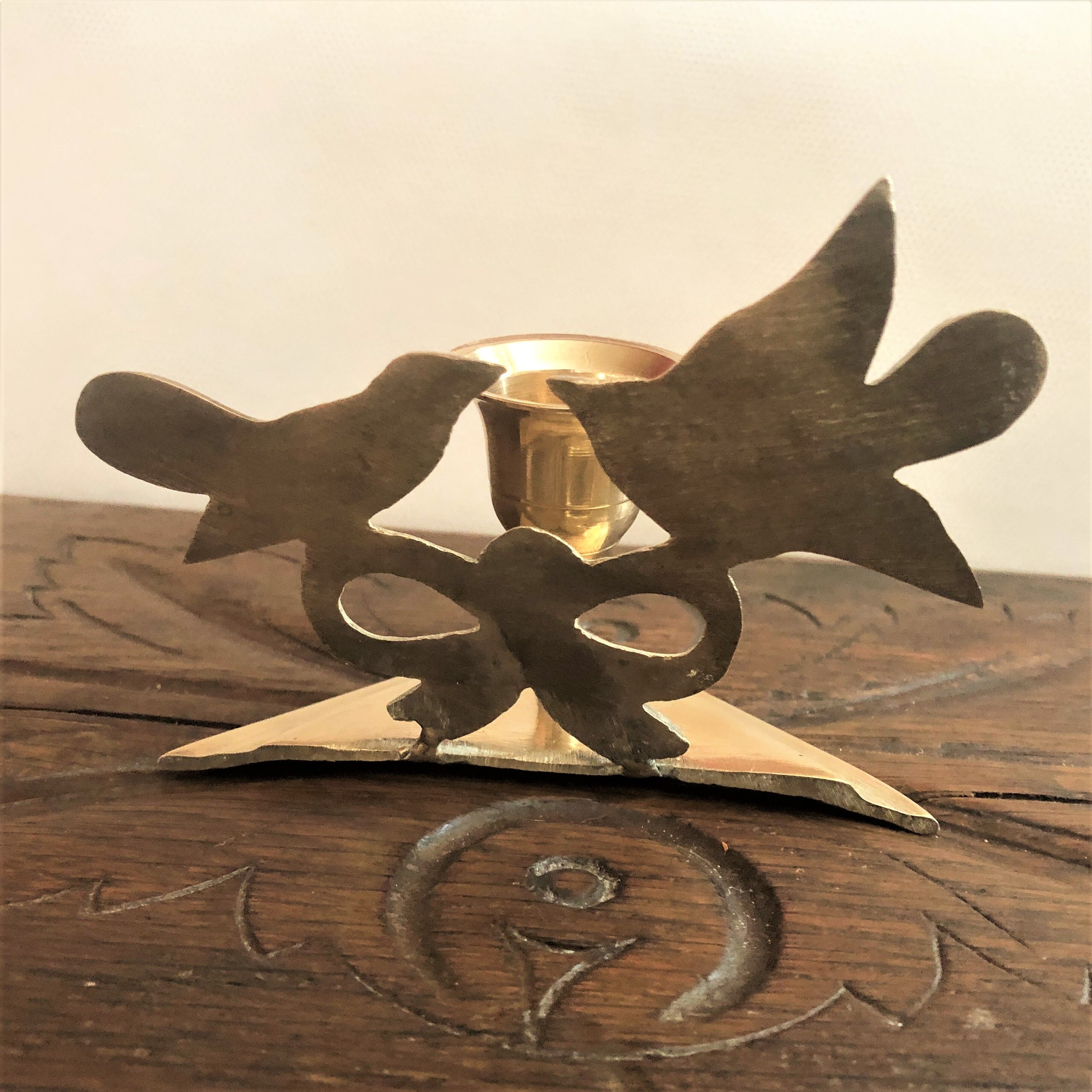 Bougeoir laiton doré décor oiseaux