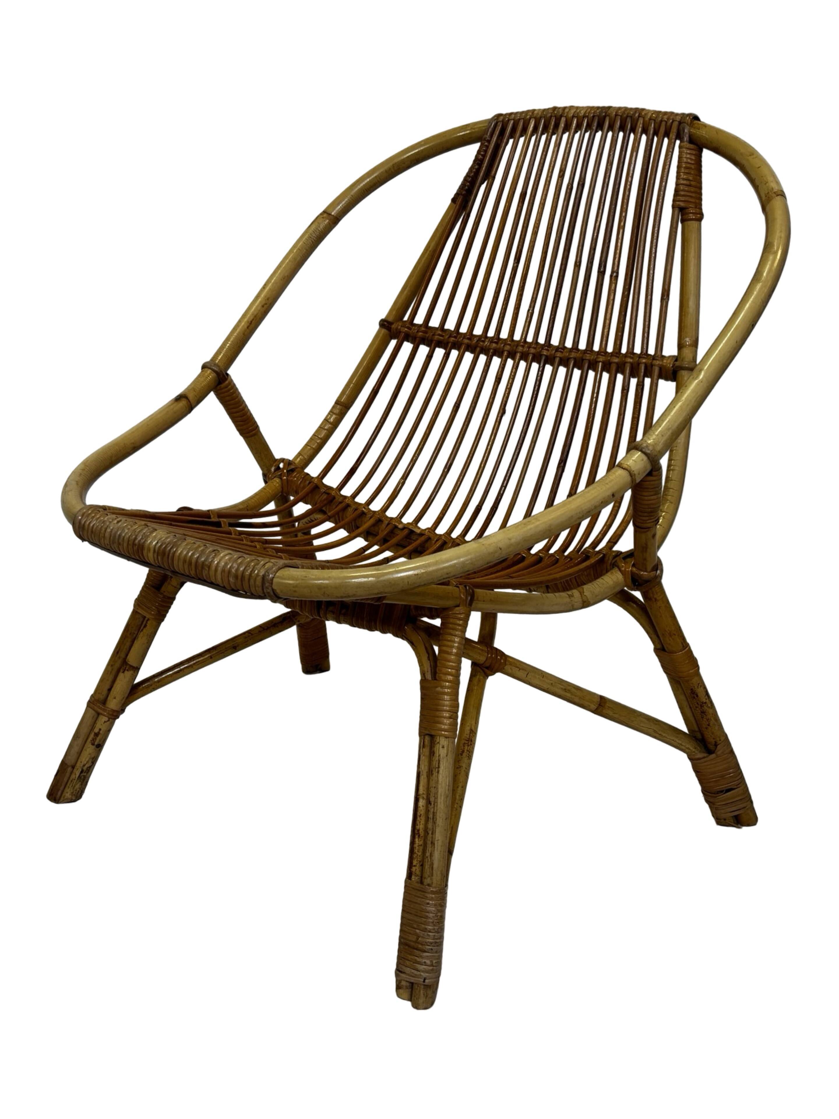 Ensemble vintage de 4 fauteuils club en rotin Rohe Noordwolde 1960