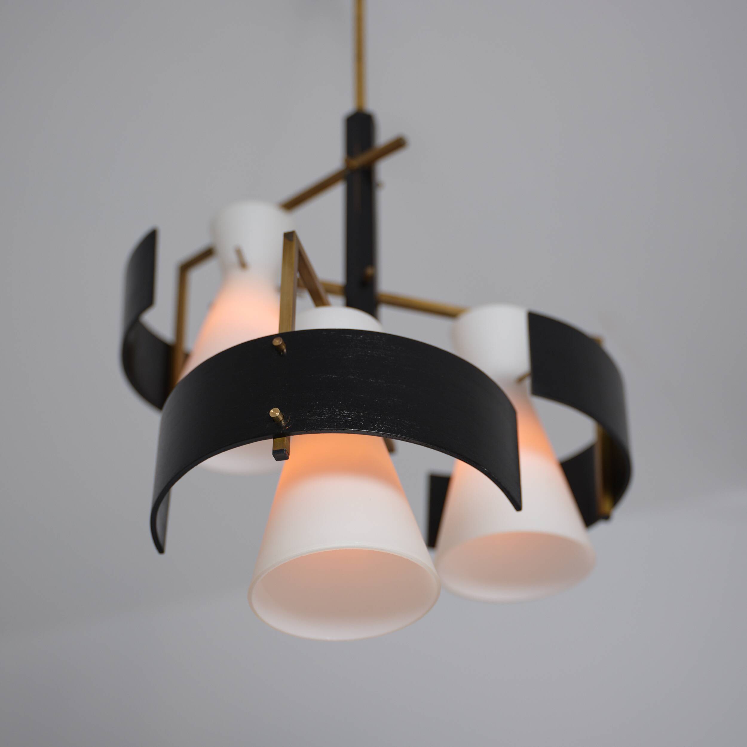1950s Italian Brass & Black-Lacquered Chandelier with Opaline Glass Shades