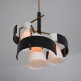 1950s Italian Brass & Black-Lacquered Chandelier with Opaline Glass Shades