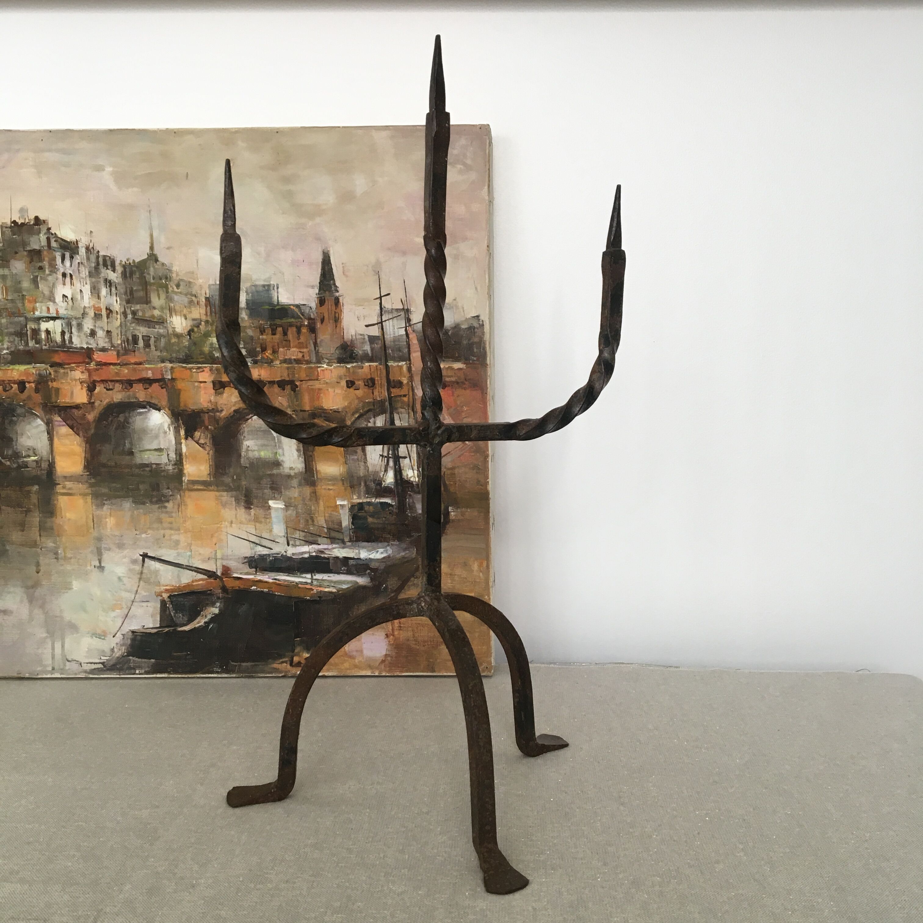 Tripod chandelier brutalist style wrought iron