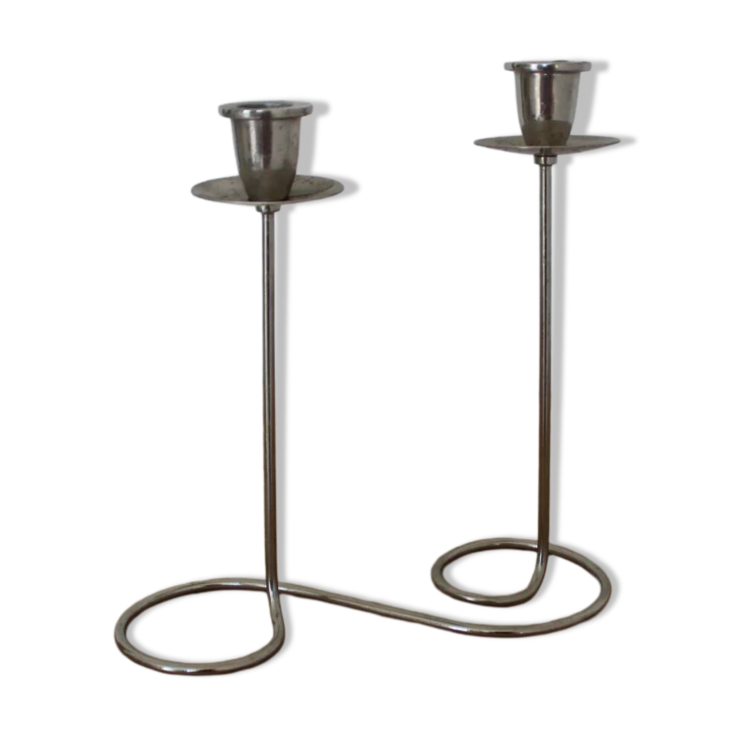 Vintage double candlestick in chrome metal – Spiral design