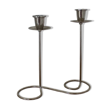 Vintage double candlestick in chrome metal – Spiral design