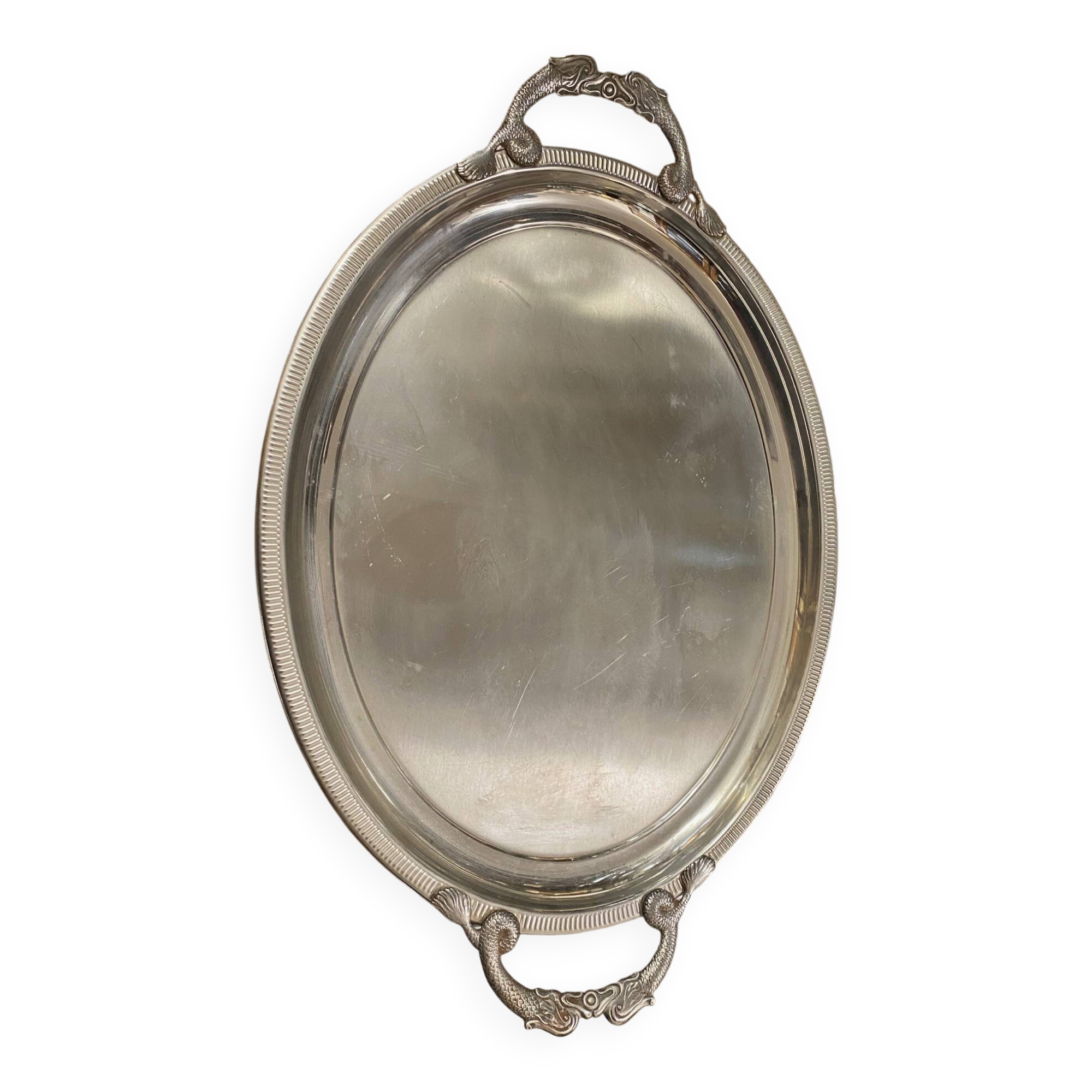 Large jean couzon stainless steel serving tray with fish decor handles