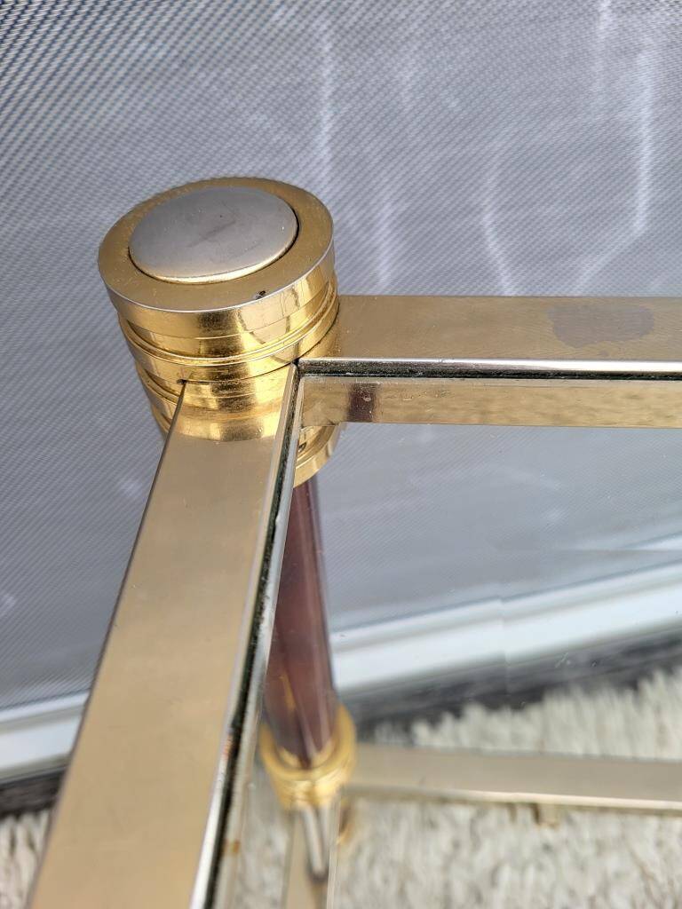 Gold glass coffee table with tobacco-colored legs, 1970s design