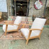 Paire de fauteuils vintage en bouclette beige, 1950