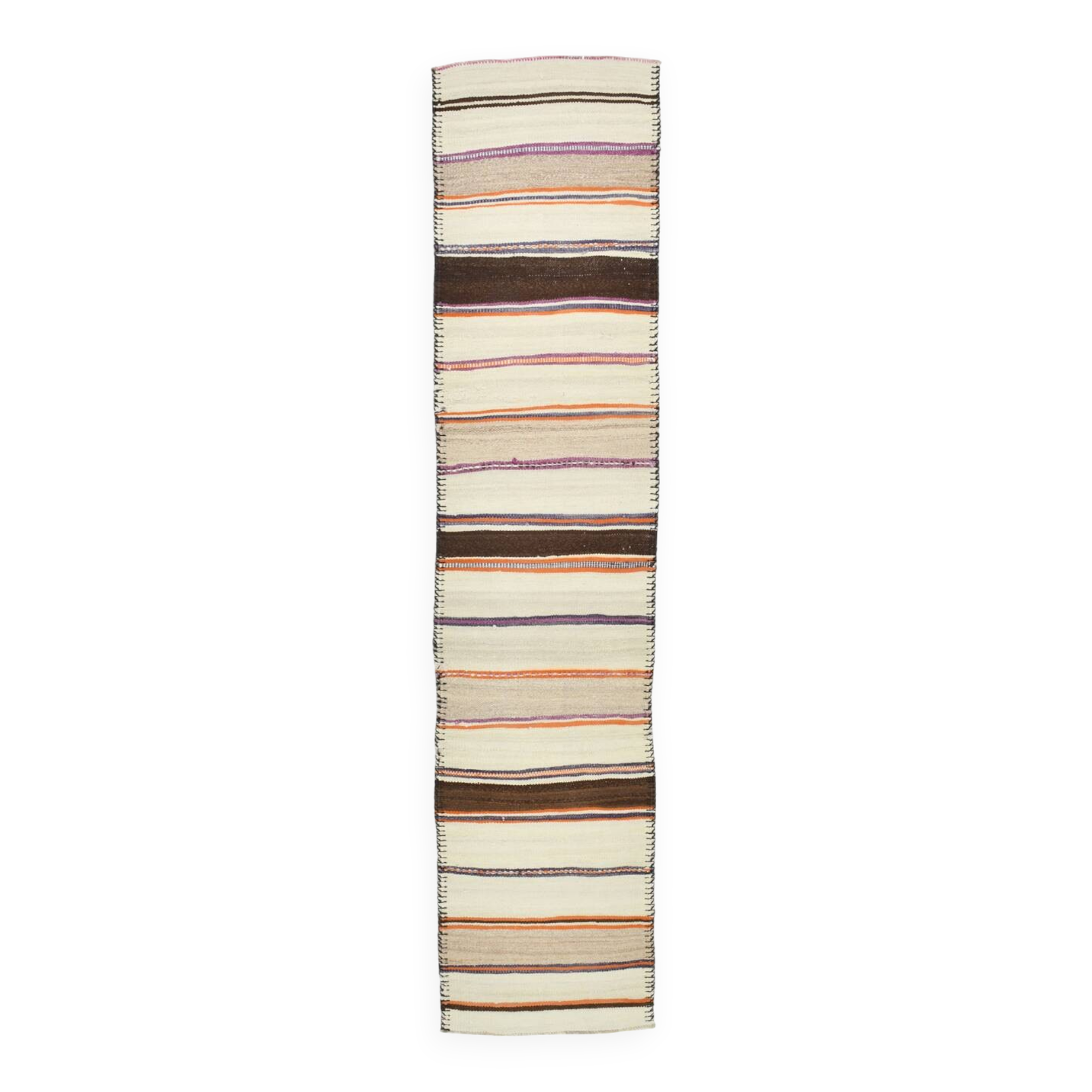 2x11 Brown & Cream Vintage Kilim Runner Rug, 75x337Cm