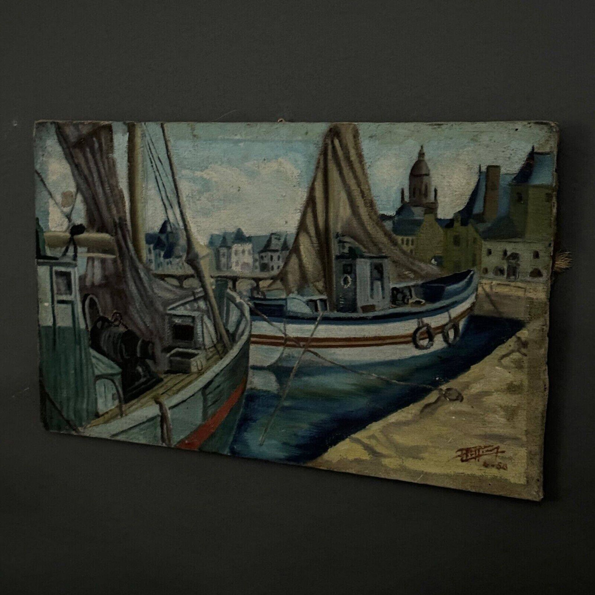 Oil on canvas fishing boats at the quayside 1956