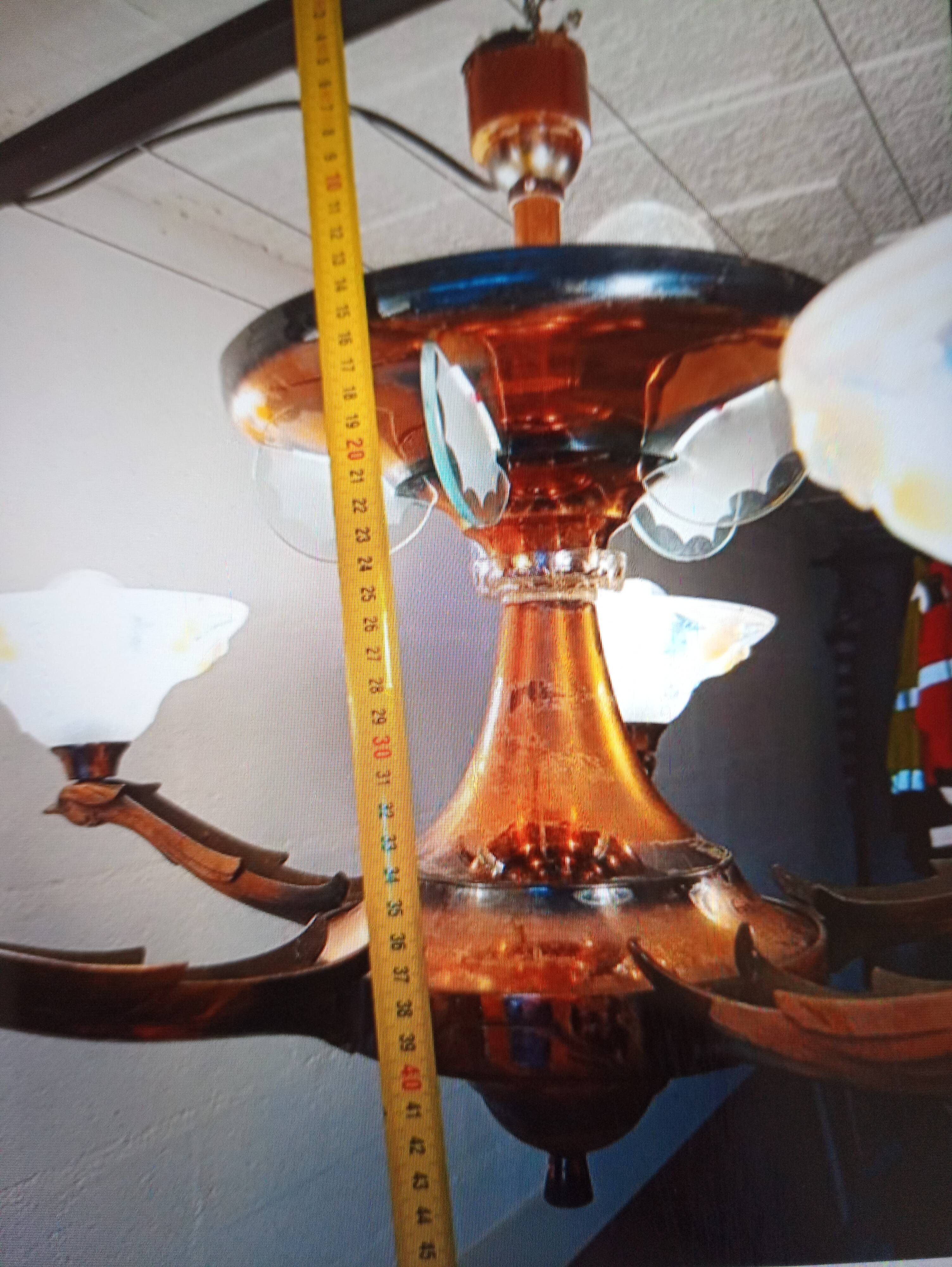Opalescent glass and copper chandelier