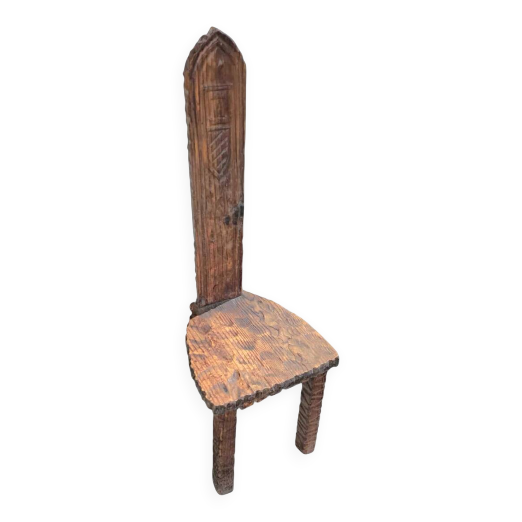Brutalist primitive hall chair / hand-carved from solid wood and detailed with beautiful gouge woodwork