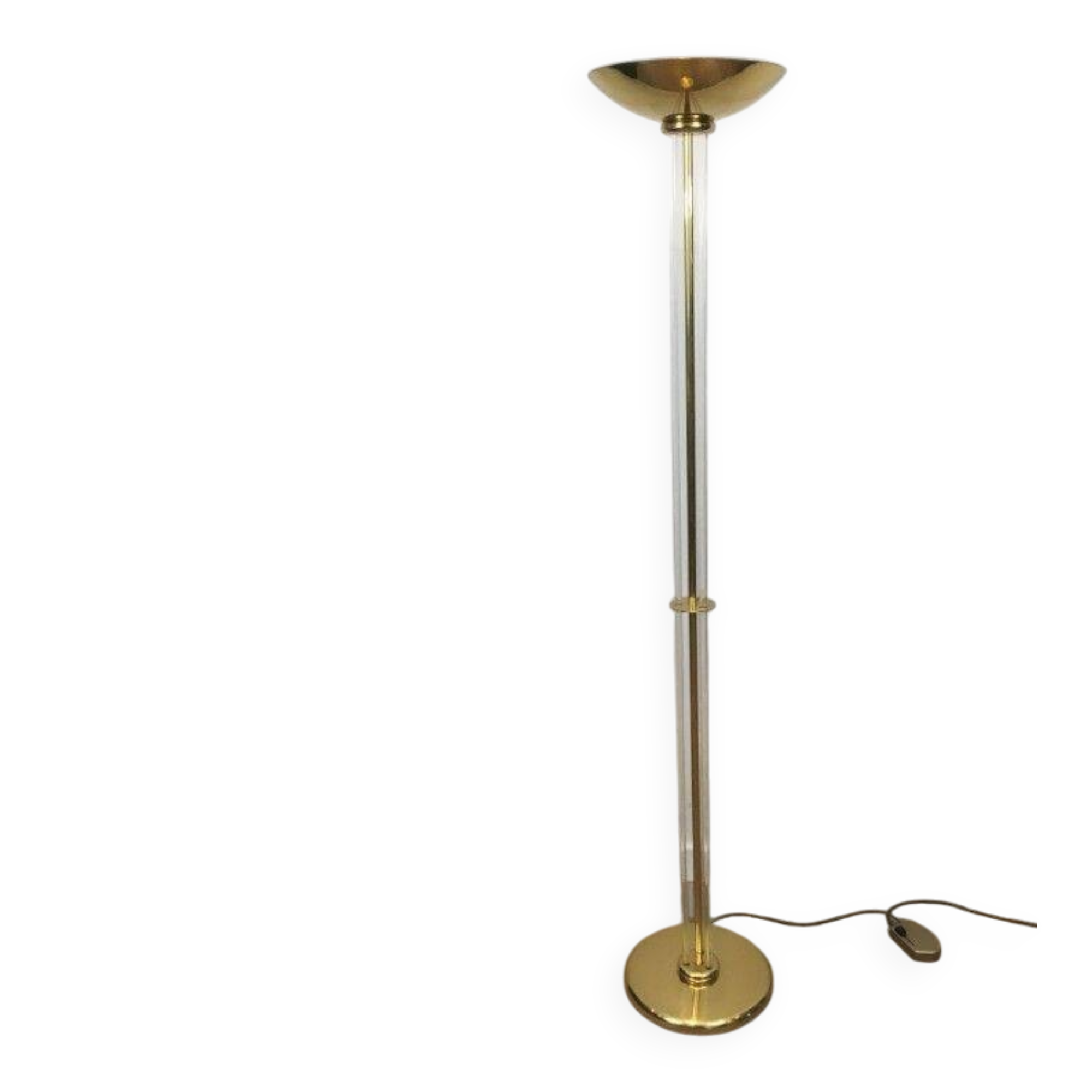 Designer floor lamp in gilded brass and plexiglass