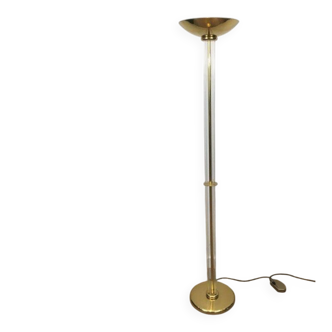 Designer floor lamp in gilded brass and plexiglass