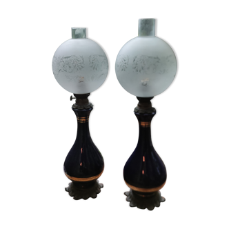 Pair of dark blue kerosene lamps