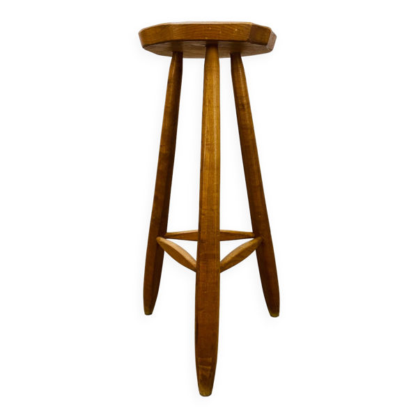Tabouret de bar brutaliste en orme tripode