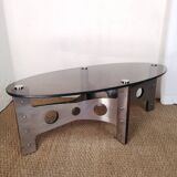 Vintage design coffee table in brushed aluminum and glass top.