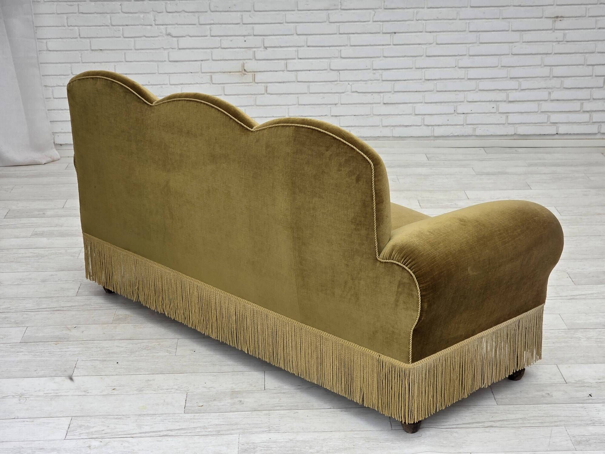 1950s, 2 seater sofa/daybed, light green furniture velour, ash wood legs.