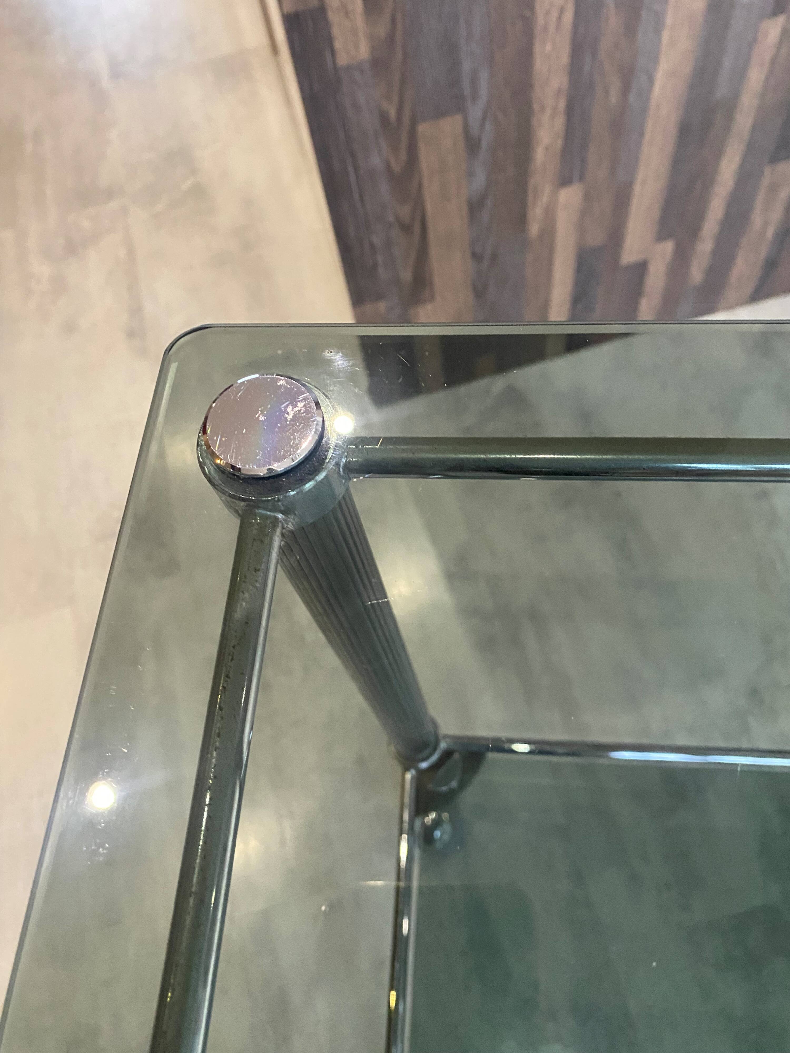 Vintage 1950s silver metal bar cart with wheels and two glass shelves