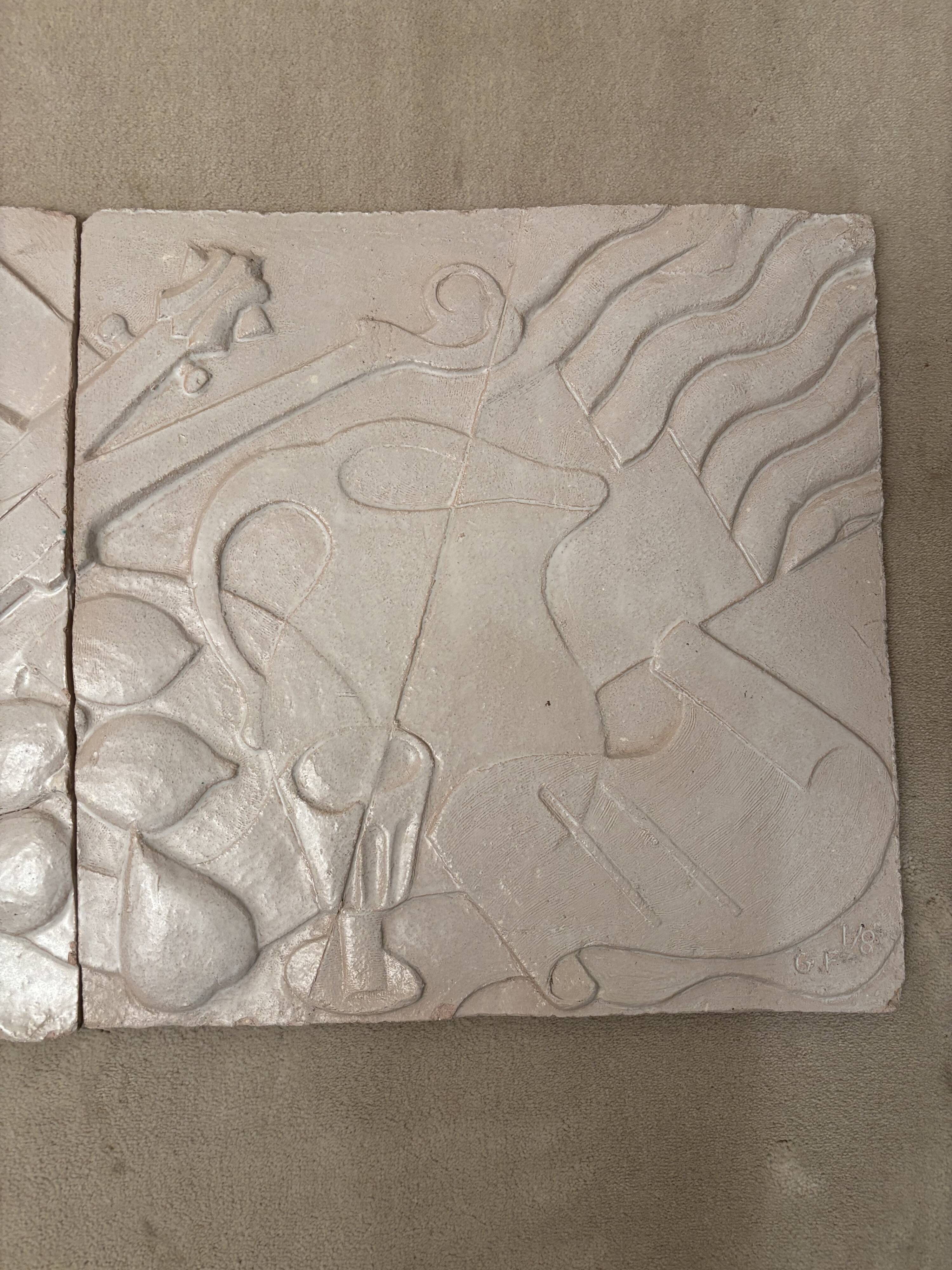 Set of 2 signed ceramic panels, still life, 1950