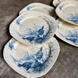 6 blue ironstone flat plates from Gien, "Birds" service, circa 1870, no. 1