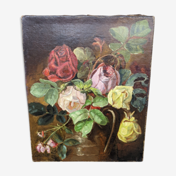 Tableau XIXe Nature morte aux fleurs roses dans un pichet huile sur toile