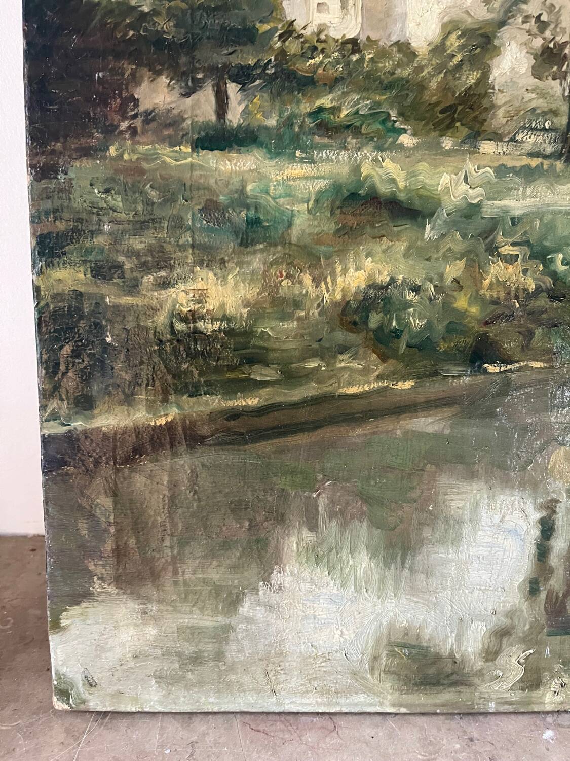 Stroll along a riverbank, oil on canvas