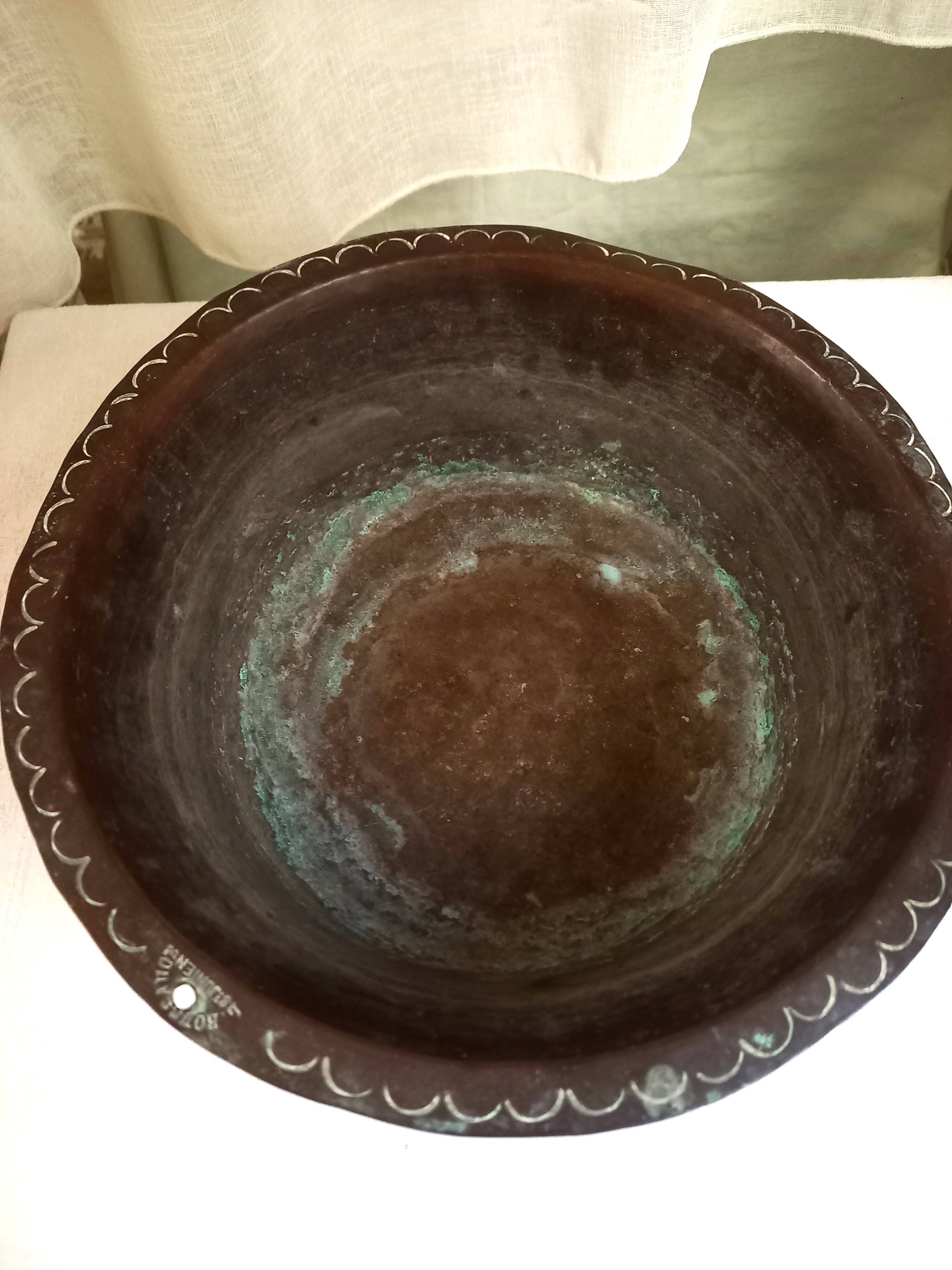 Old copper basin, stamped L.Roussange, Saint-Junien