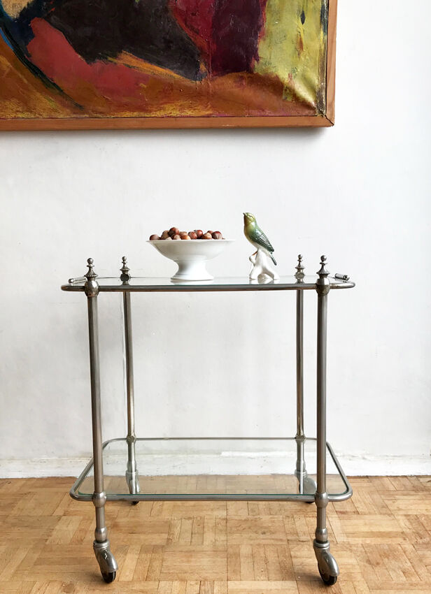 Desserte roulante en verre et acier chromé