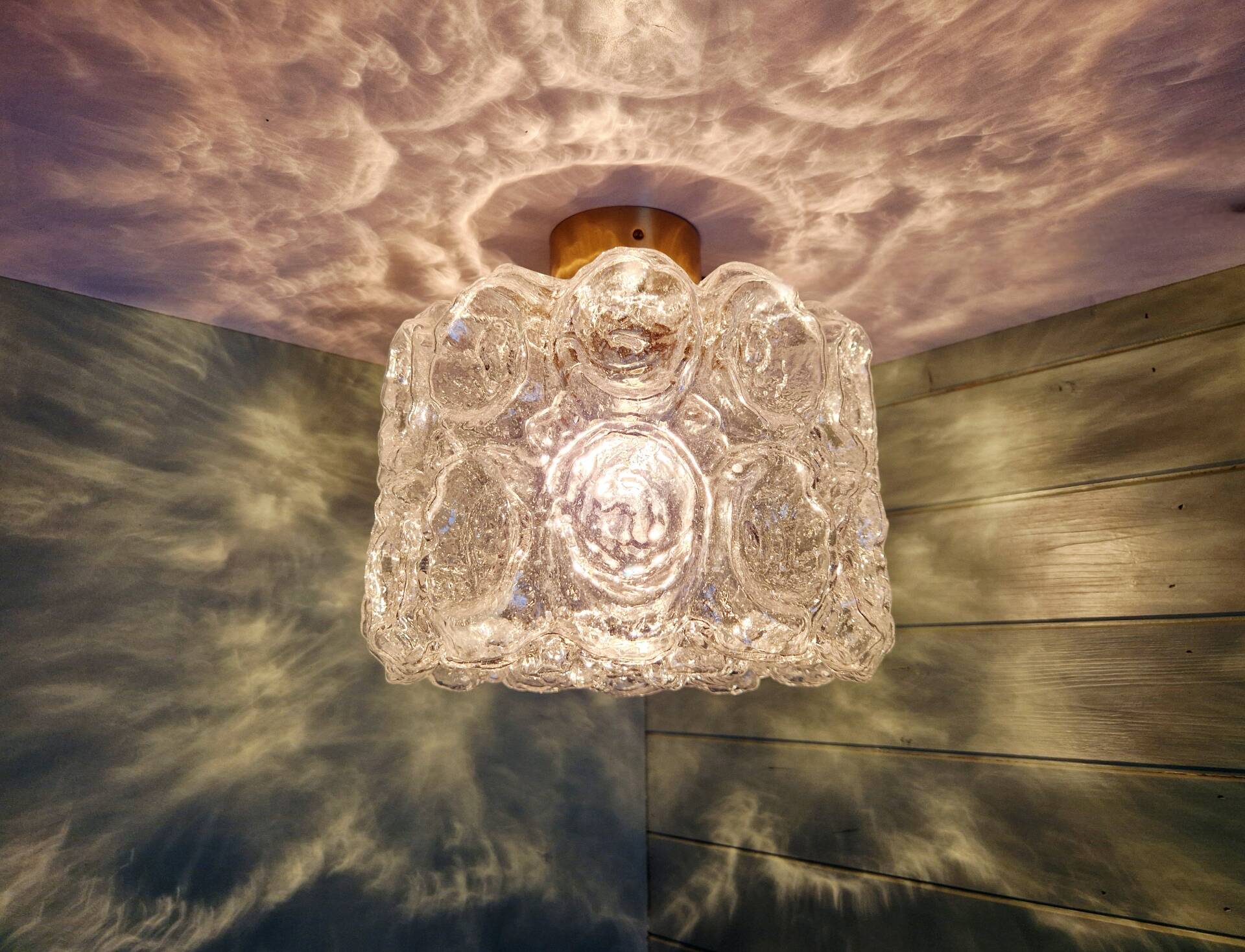 Brass and textured transparent glass ceiling light, Limburg, 1970