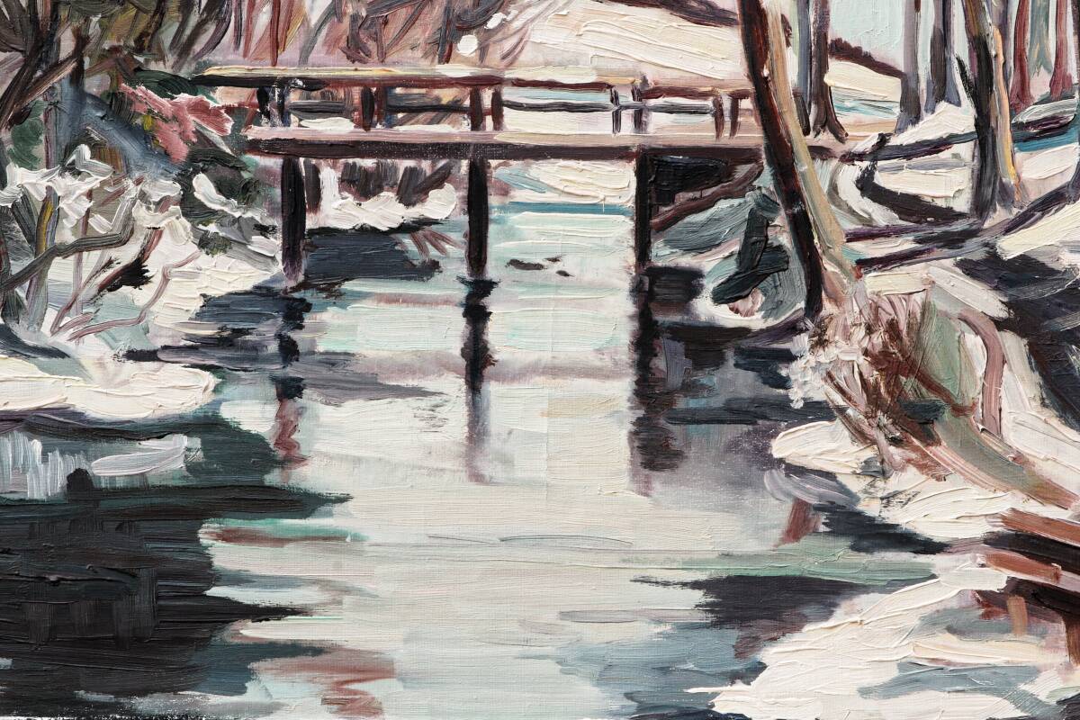 Oil on canvas from the 1950s, snowy landscape.