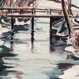 Oil on canvas from the 1950s, snowy landscape.