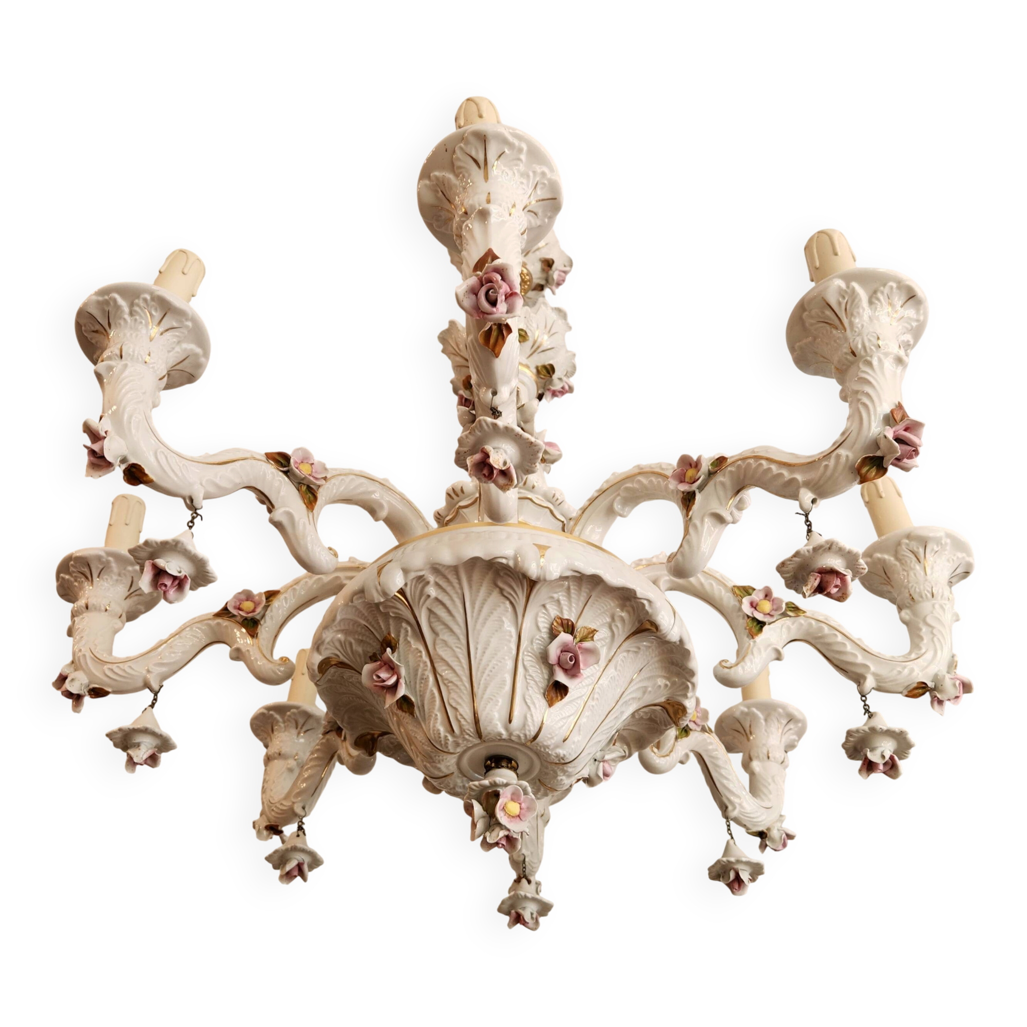 Large hand-painted gilded chandelier mangani ceramiche porcelain