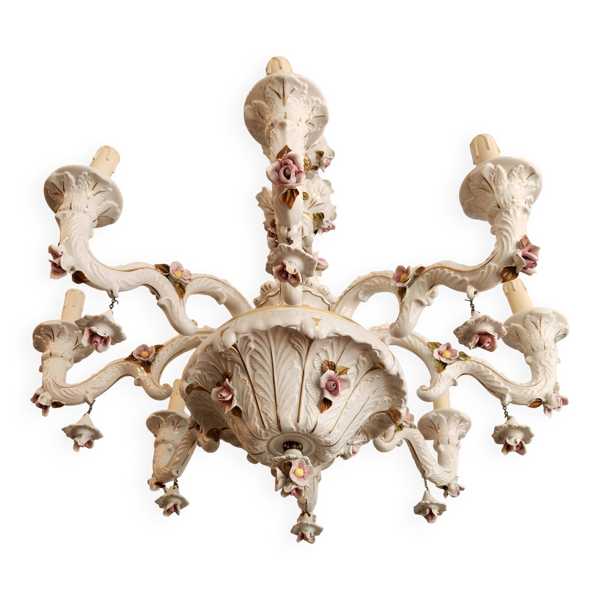 Großer handbemalter vergoldeter kronleuchter mangani ceramiche porzellan