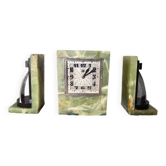 Garniture de cheminée horloge pendule art déco ato en onyx vert